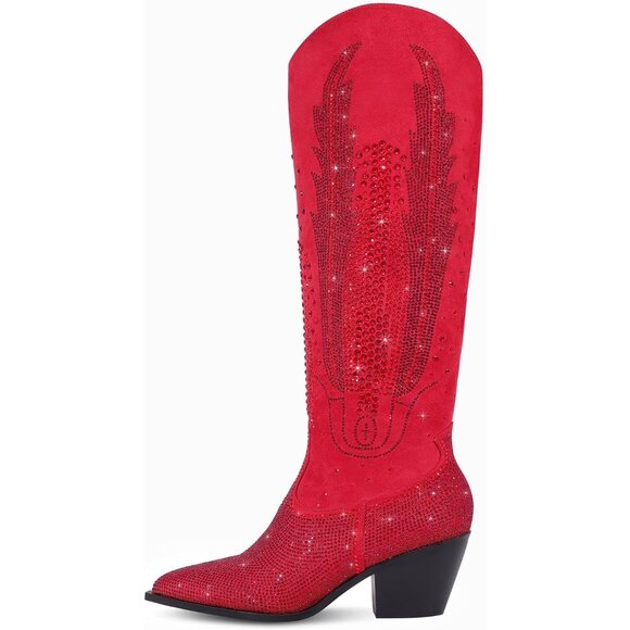 Women Polyurethane Red Knee High Pointed Toe Chunky Heel Rhinestone Tall Boot - Picture 2 of 7